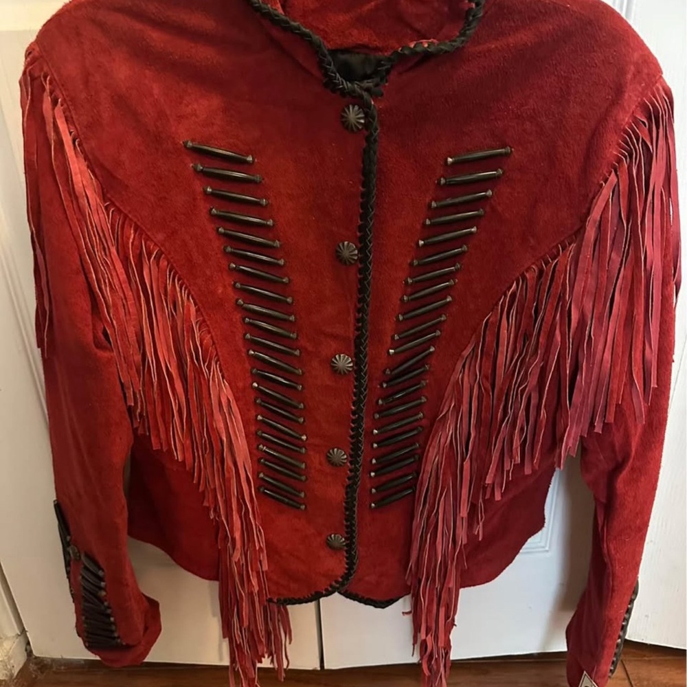 Red Leather Fringe Jacket with Western Style